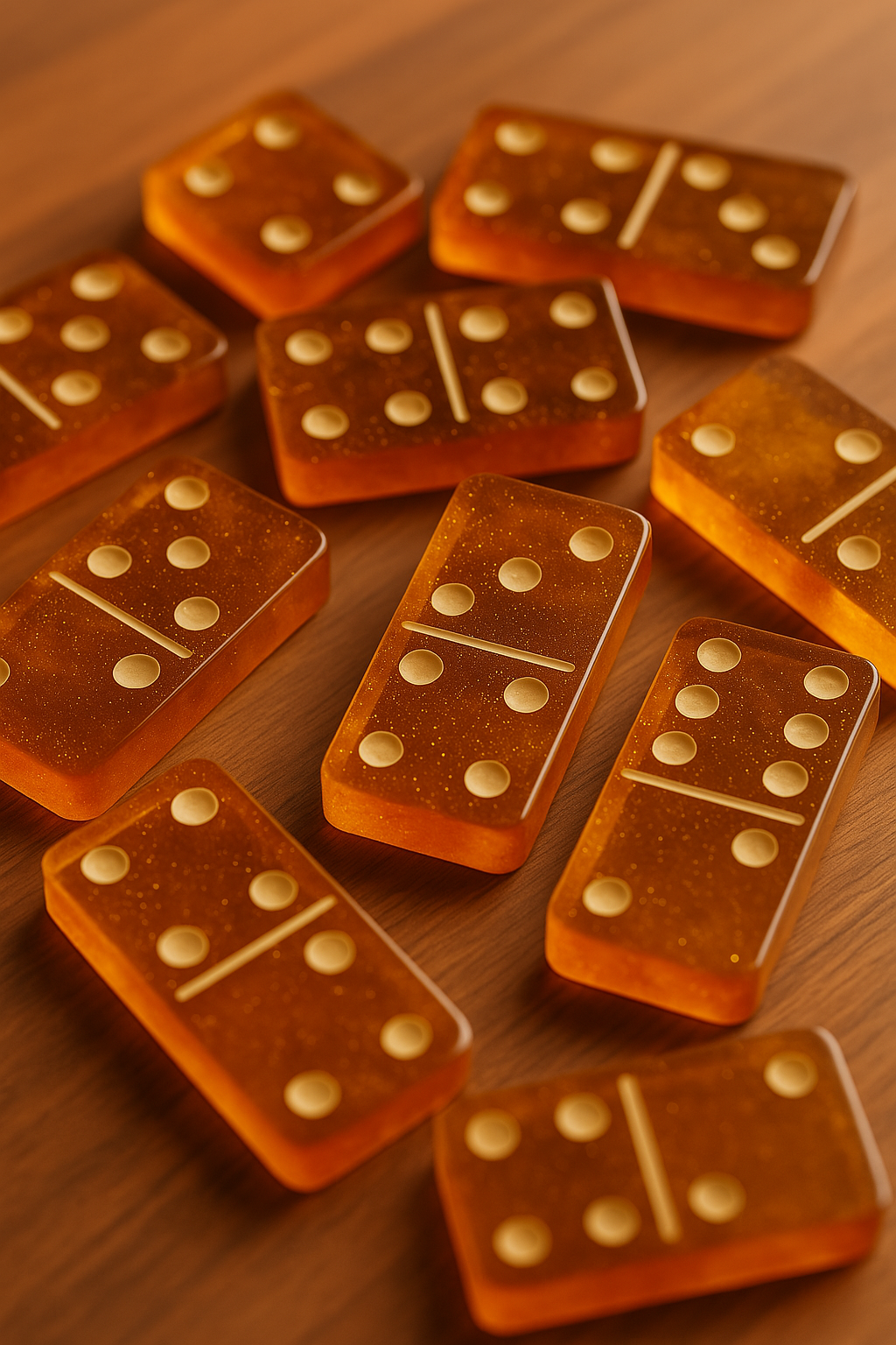 A set of honey inspired dominoes ona wooden table