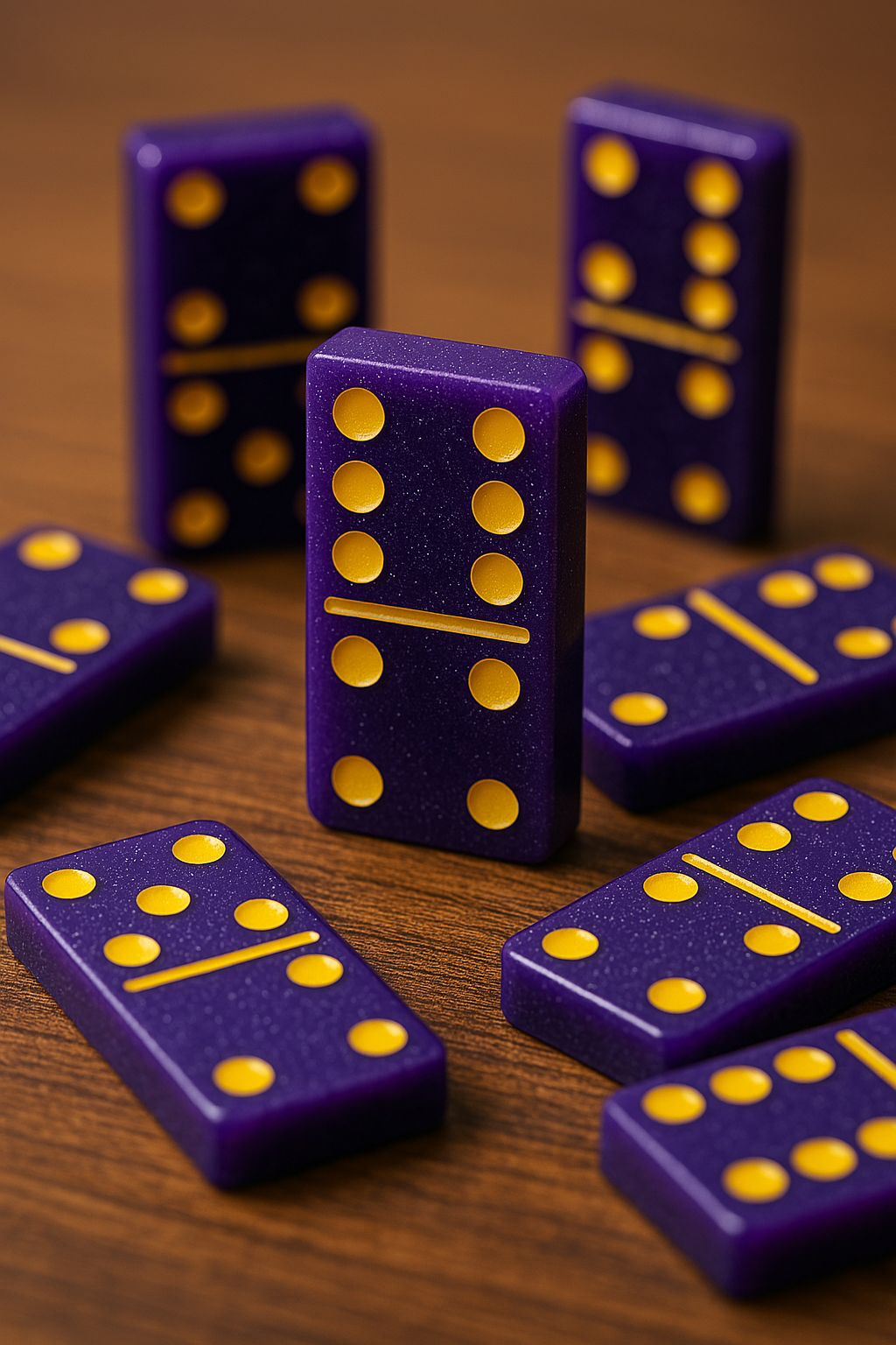 Purple dominoes with yellow dots on a wooden table