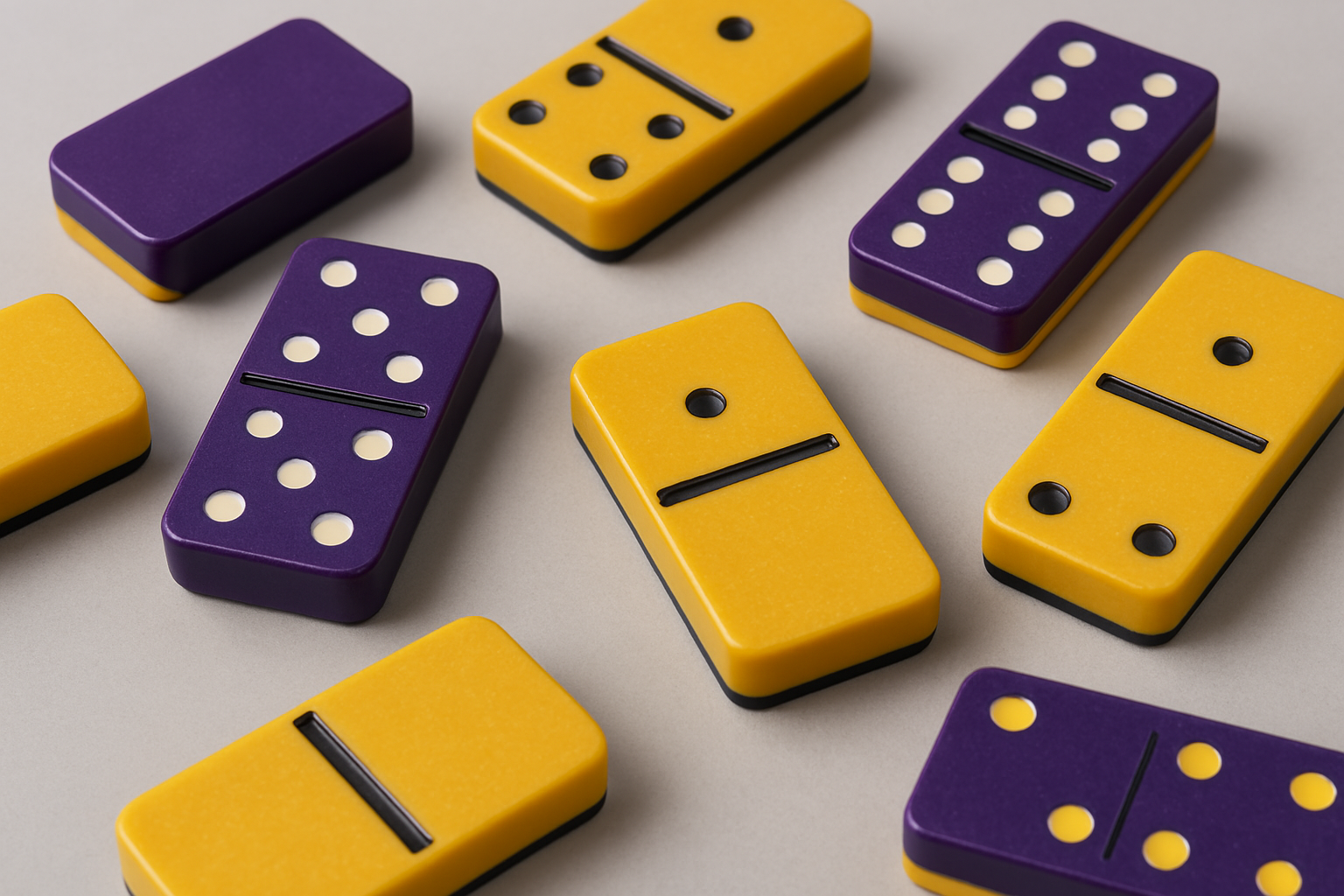 Purple dominoes with yellow dots on a wooden table