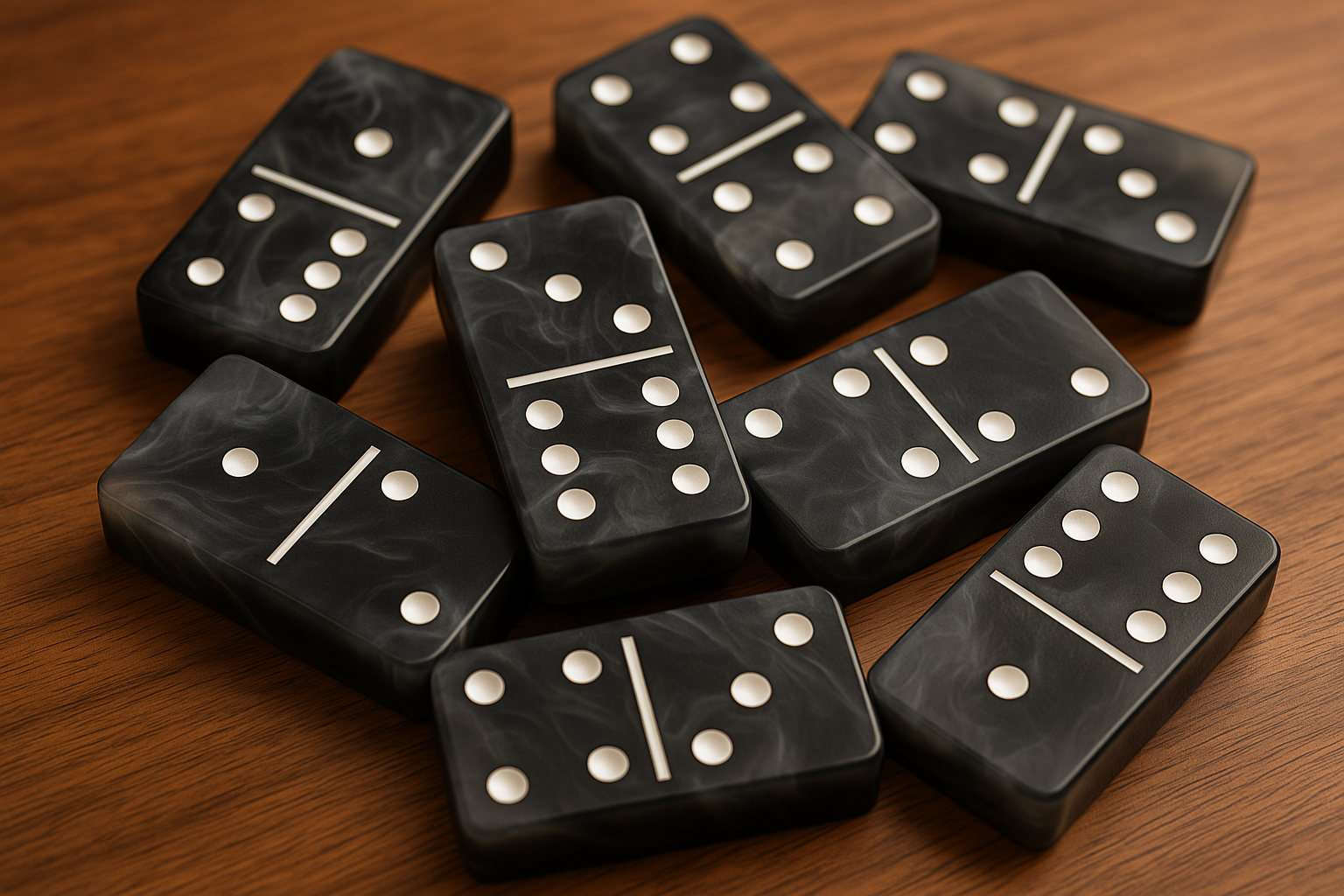 A bunch of black dominoes on a wooden table