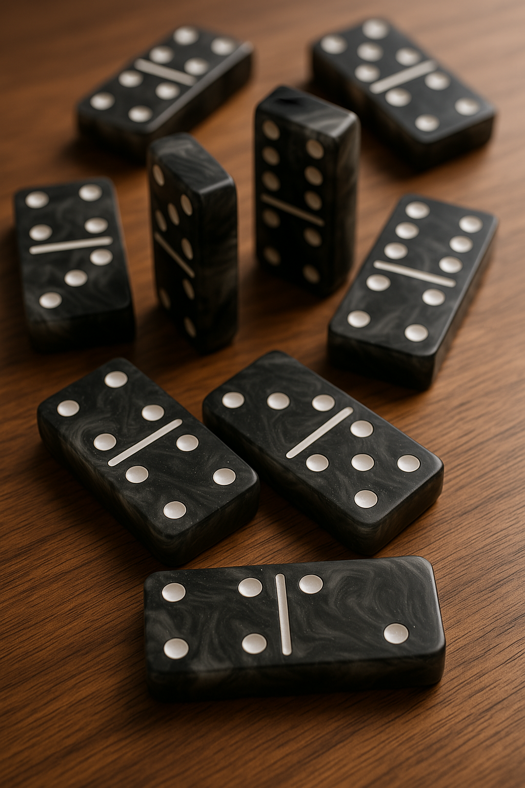 A bunch of black dominoes on a wooden table