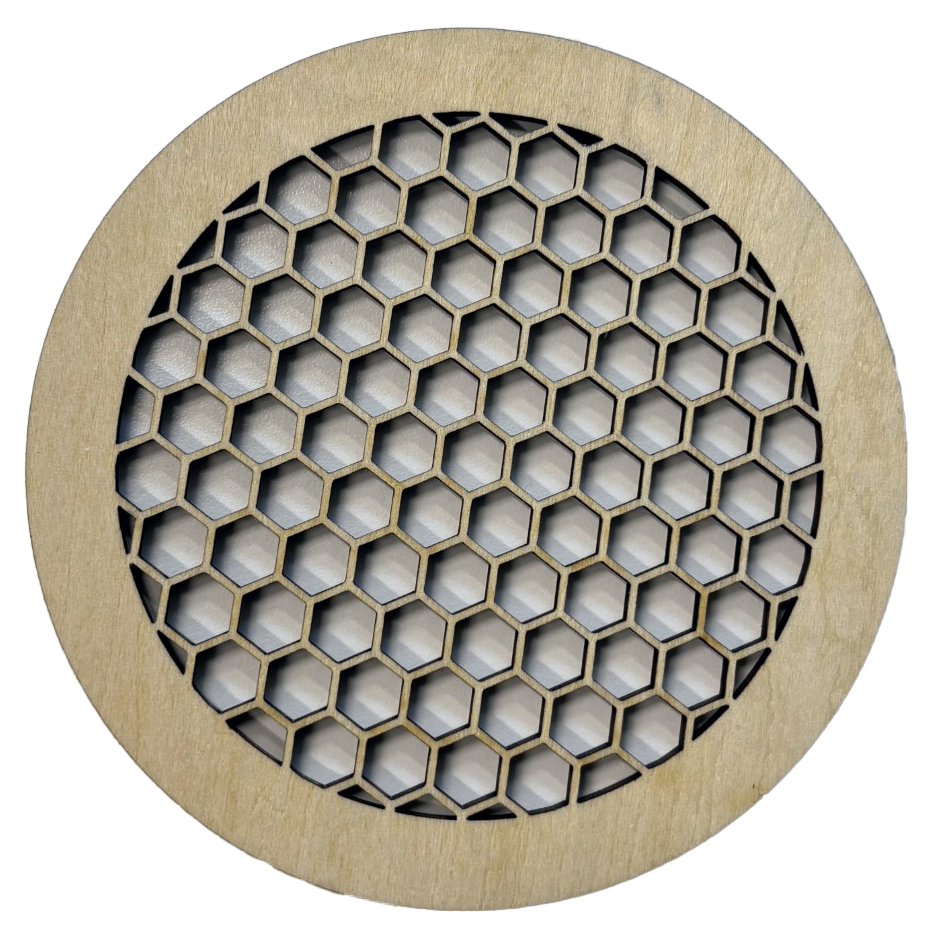 A wooden coaster with a honeycomb pattern on it