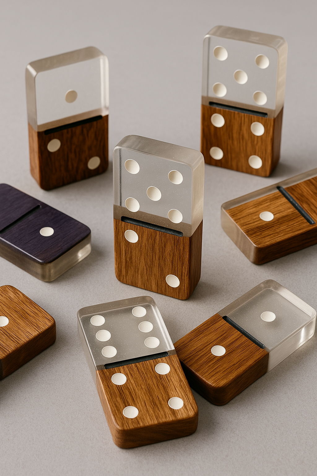 A set of wooden and clear dominoes on a table