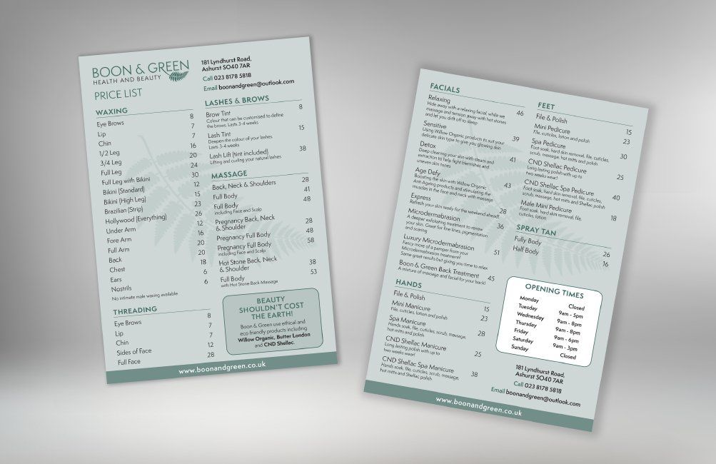 Price List Design, Beautician, New Forest