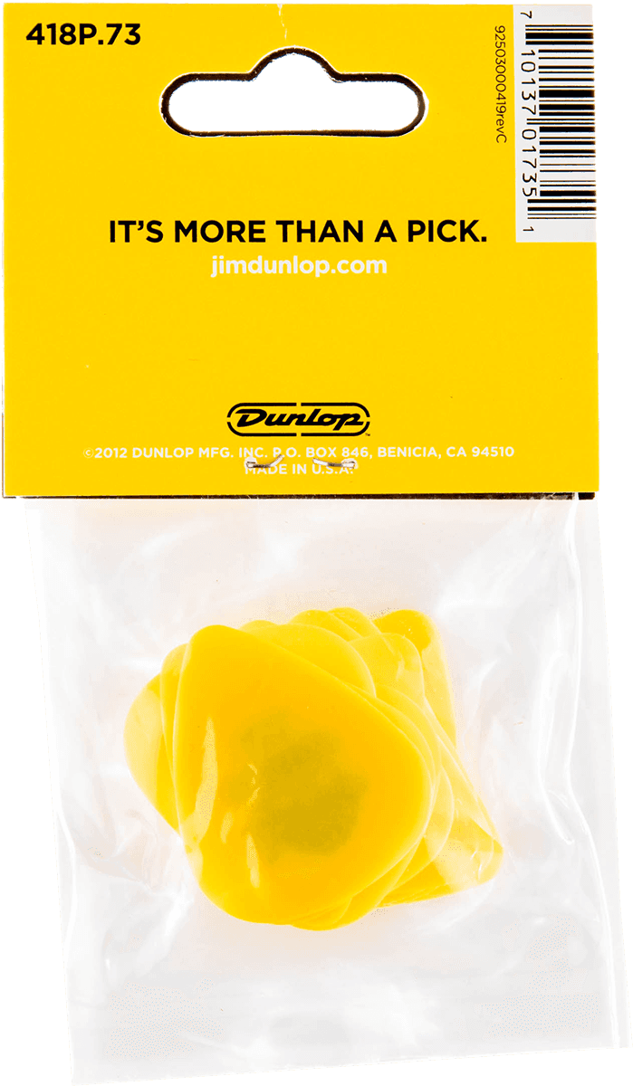 Een verpakking gele gitaarplectrums met een schildpad erop