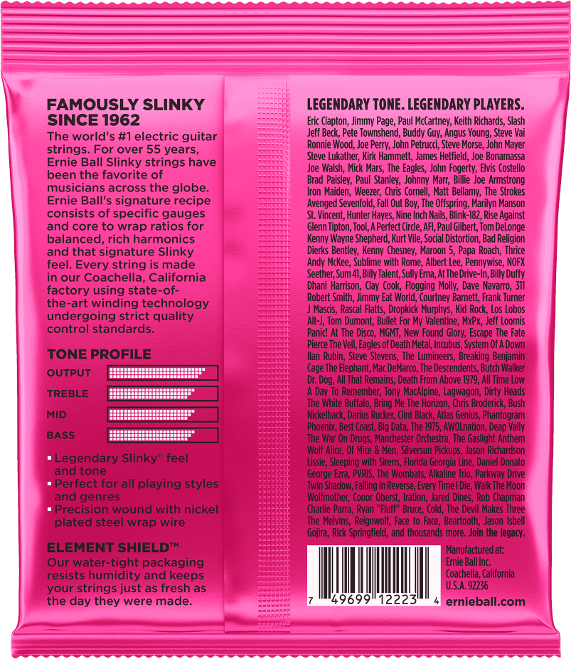 Een verpakking met ernie ball super slinky gitaarsnaren