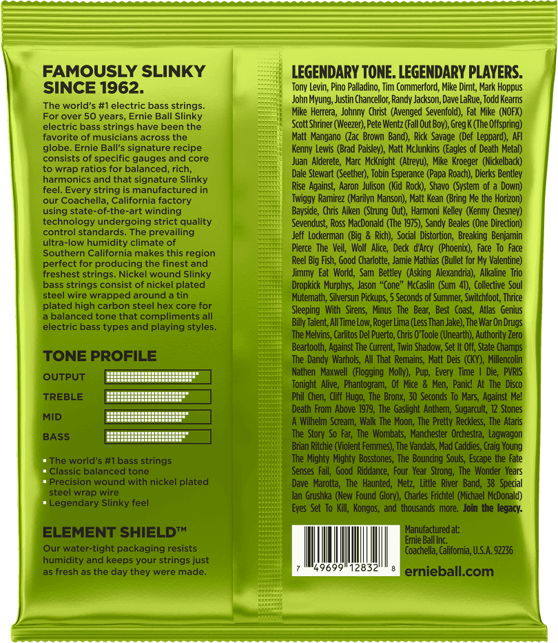 Een zak ernie Ball regular slinky bas snaren