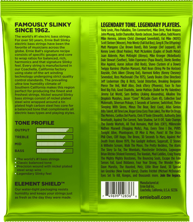 Een zak met ernie ball regular ball slinky bas snaren 5- snaren