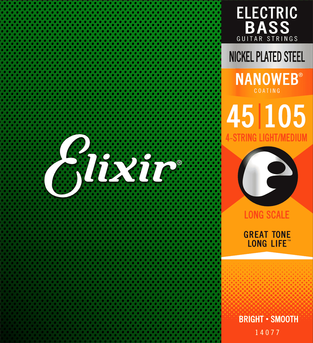 Een set elixir elektrische bas snaren op een groene achtergrond