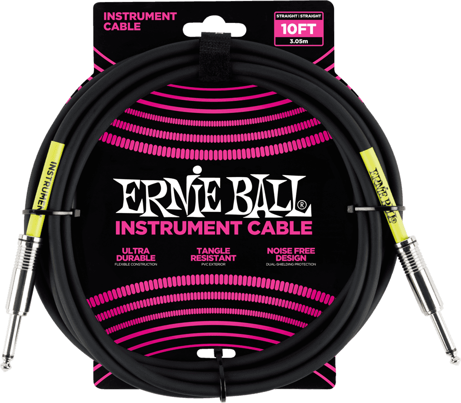 Een zwart en roze instrumentkabel van ernie ball