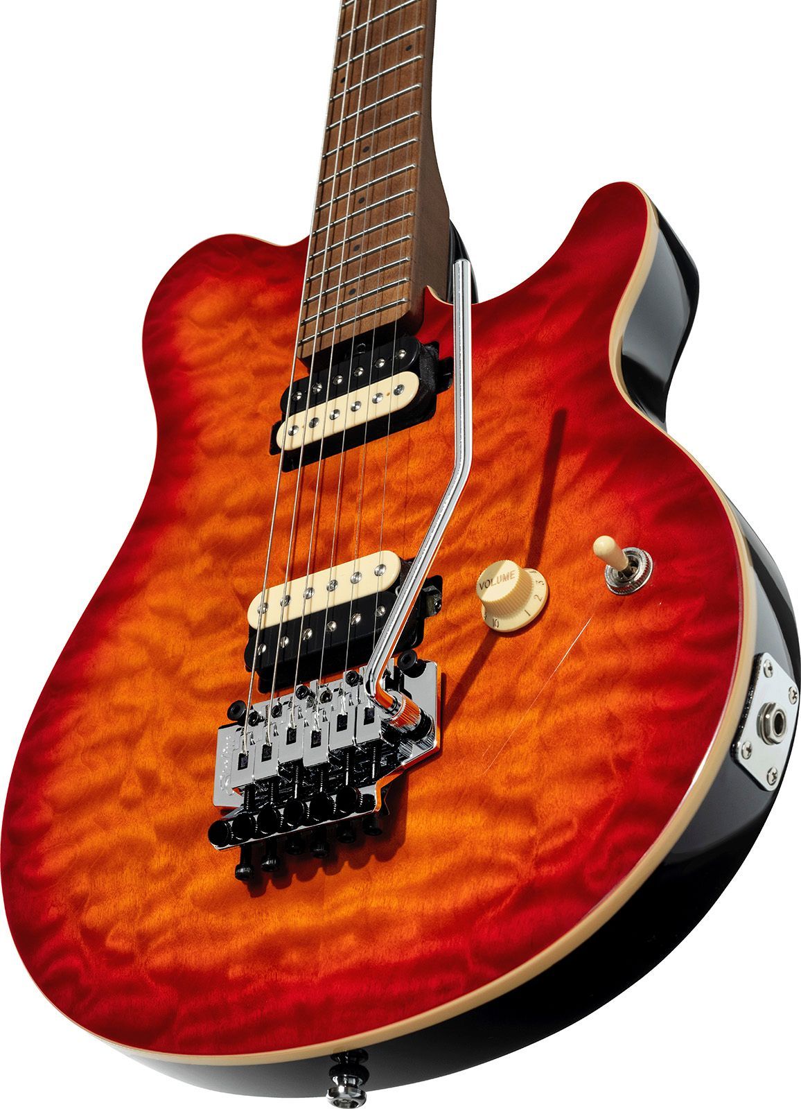 Een close-up van een rode elektrische gitaar op een witte achtergrond