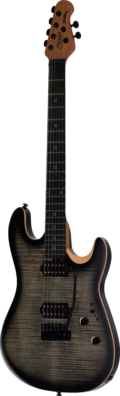 Elektrische gitaar, donkergrijze body met zwarte elementen, esdoornhals en kop.