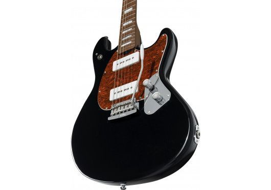 Een zwarte elektrische gitaar met een houten hals en elementen op een witte achtergrond.