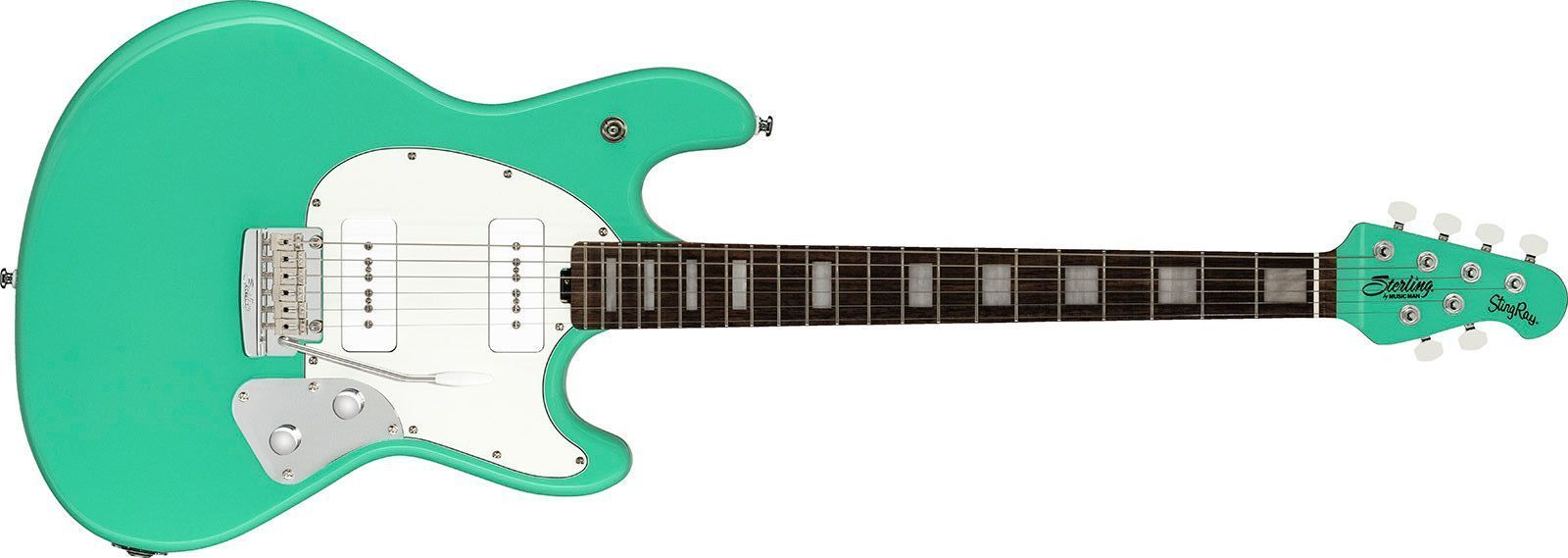 Een groene en witte elektrische gitaar op een witte achtergrond.