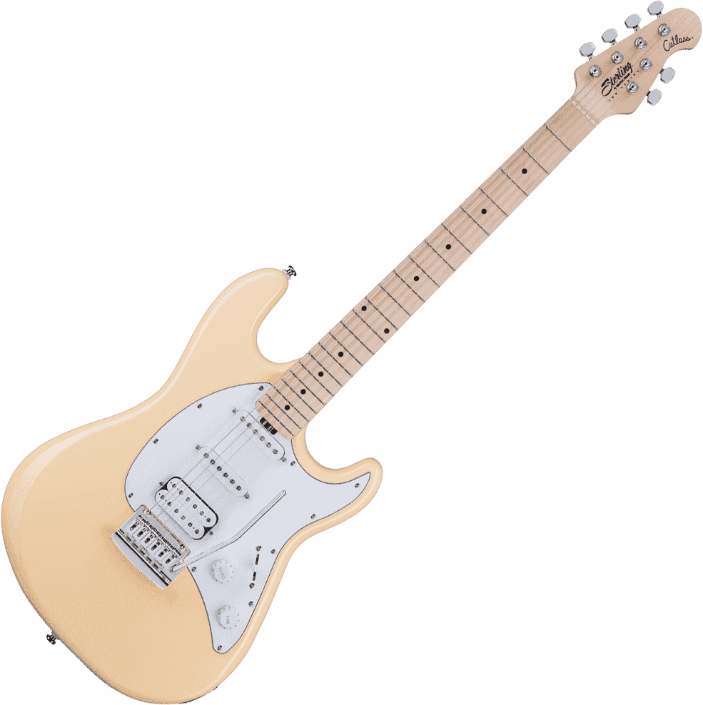 Een witte elektrische gitaar op een witte achtergrond