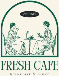 Green and cream cafe logo: two women seated at a table, with