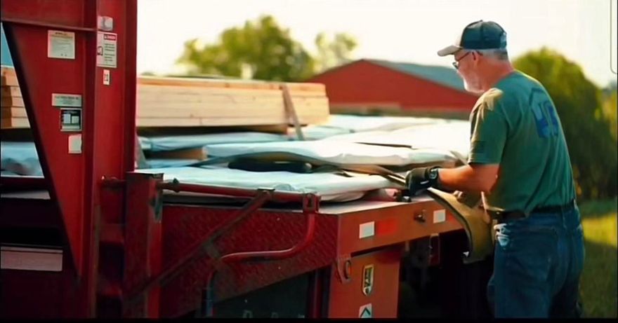 A man in a green shirt is working on a red truck.