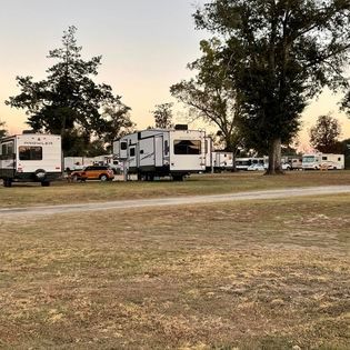 A group of rvs are parked in a field.
