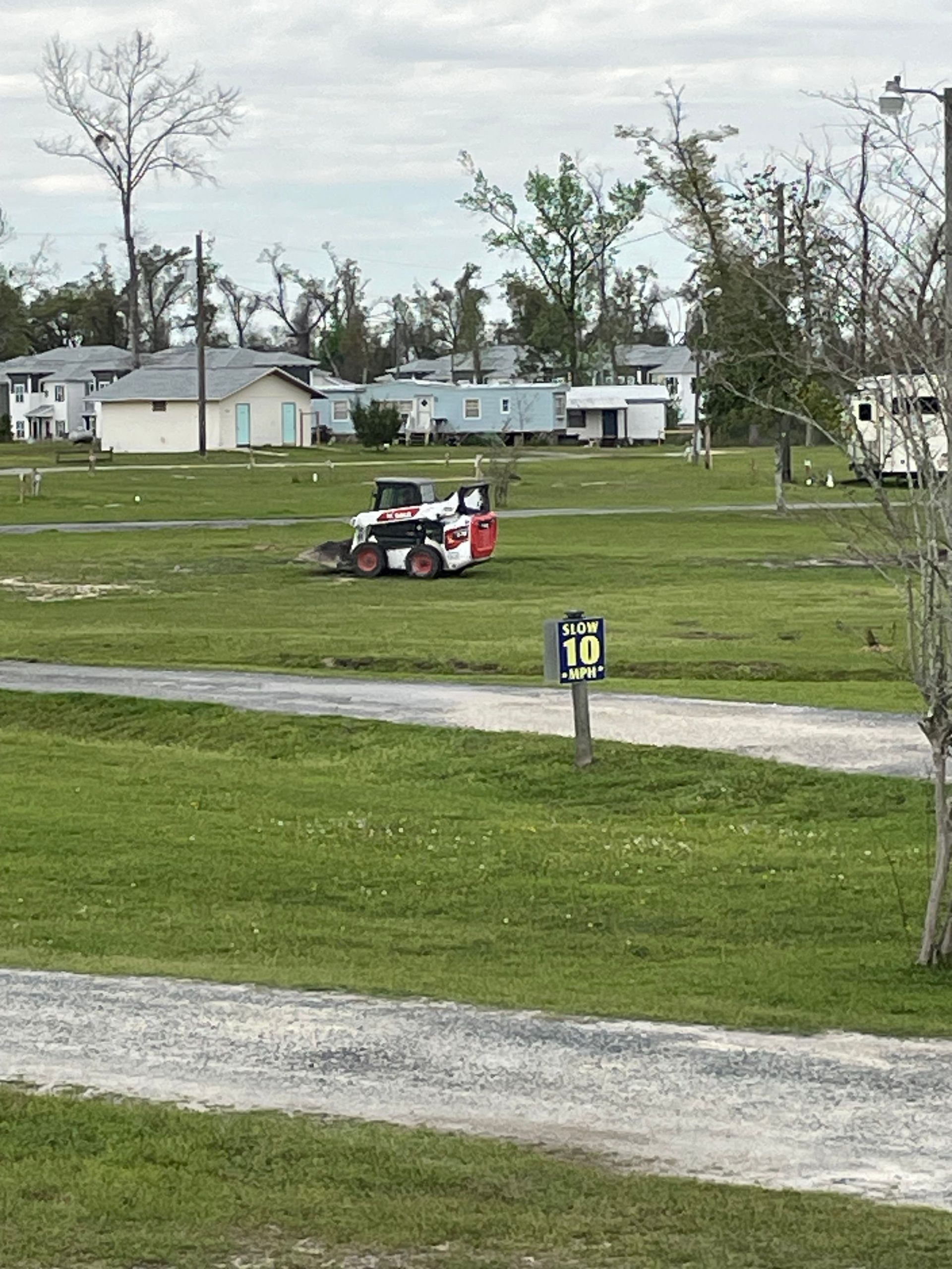 A bobcat is cutting grass in a grassy field.