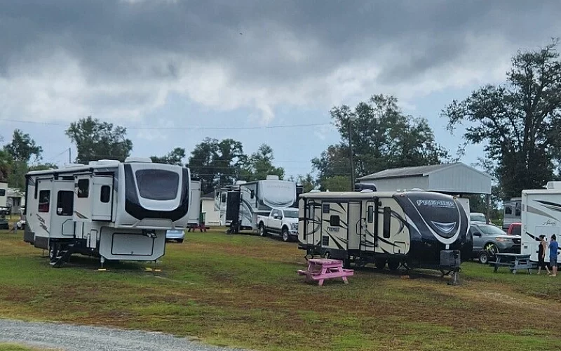 A row of rvs are parked in a grassy field.
