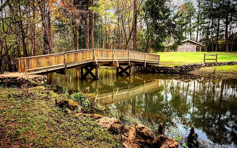 A wooden bridge over a body of water in a park.