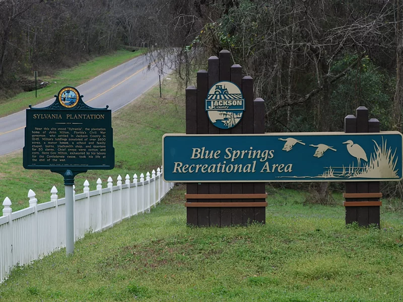 A blue springs recreation area sign with birds on it