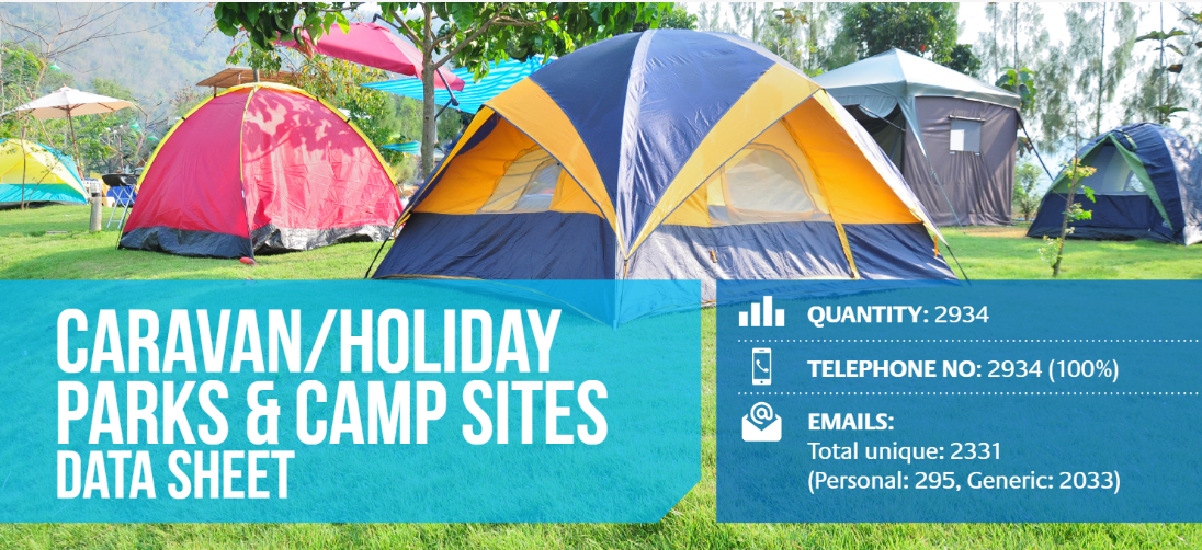 Leisure Lists' Holiday Park data sheet front cover image showing some key stats and tent image