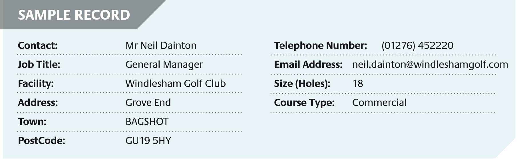 An example sample mailing list contact record of a golf club general manager