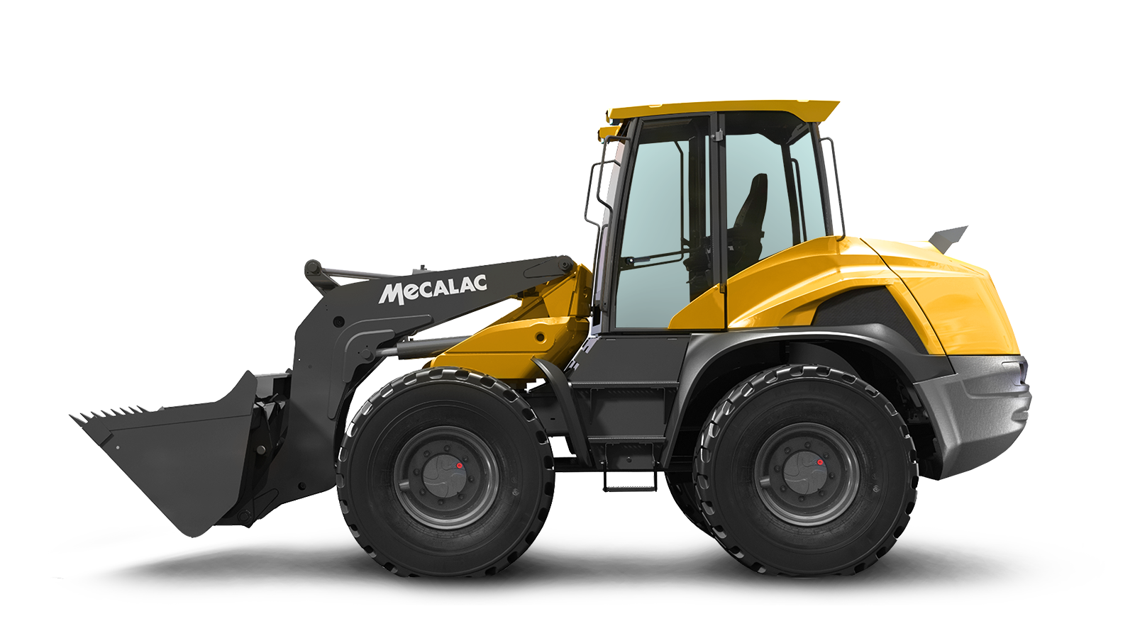 Cargadora CAN RAMIS de ruedas amarilla y gris con la pala levantada, sobre fondo blanco.