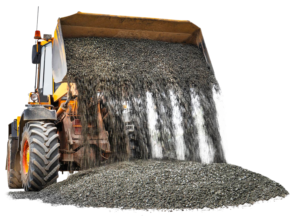 Cargadora amarilla y negra descargando un montón de grava.