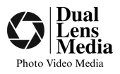 Logo for Dual Lens Media featuring a camera aperture icon next to the company name and "Photo Video Media" text below.