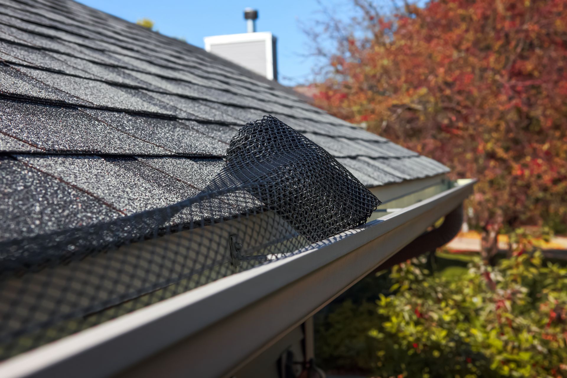 Gutter with black mesh cover installed on a rooftop to prevent debris buildup.