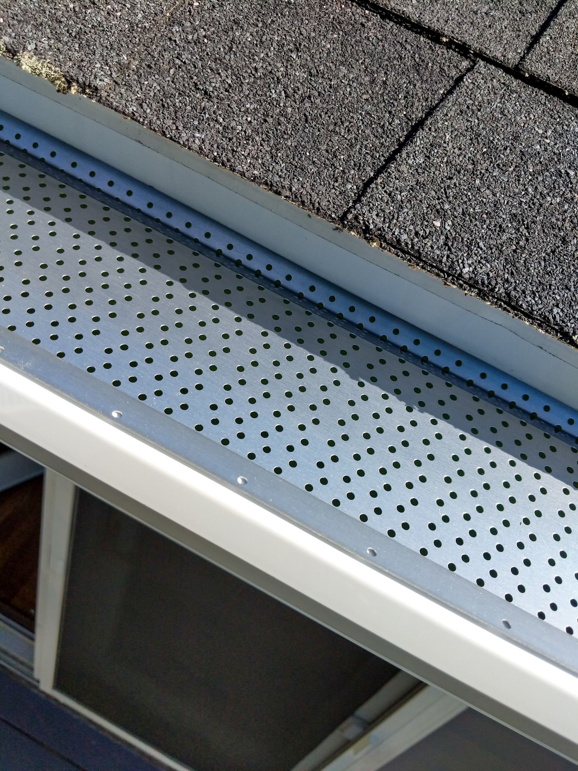 Close-up of house gutter with mesh screen, installed along a shingled roofline.