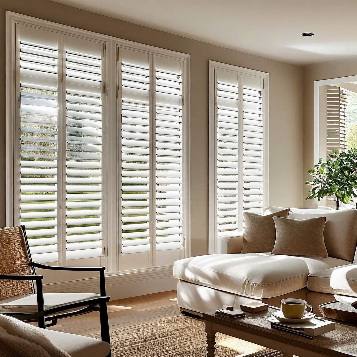 A living room with white shutters on the windows