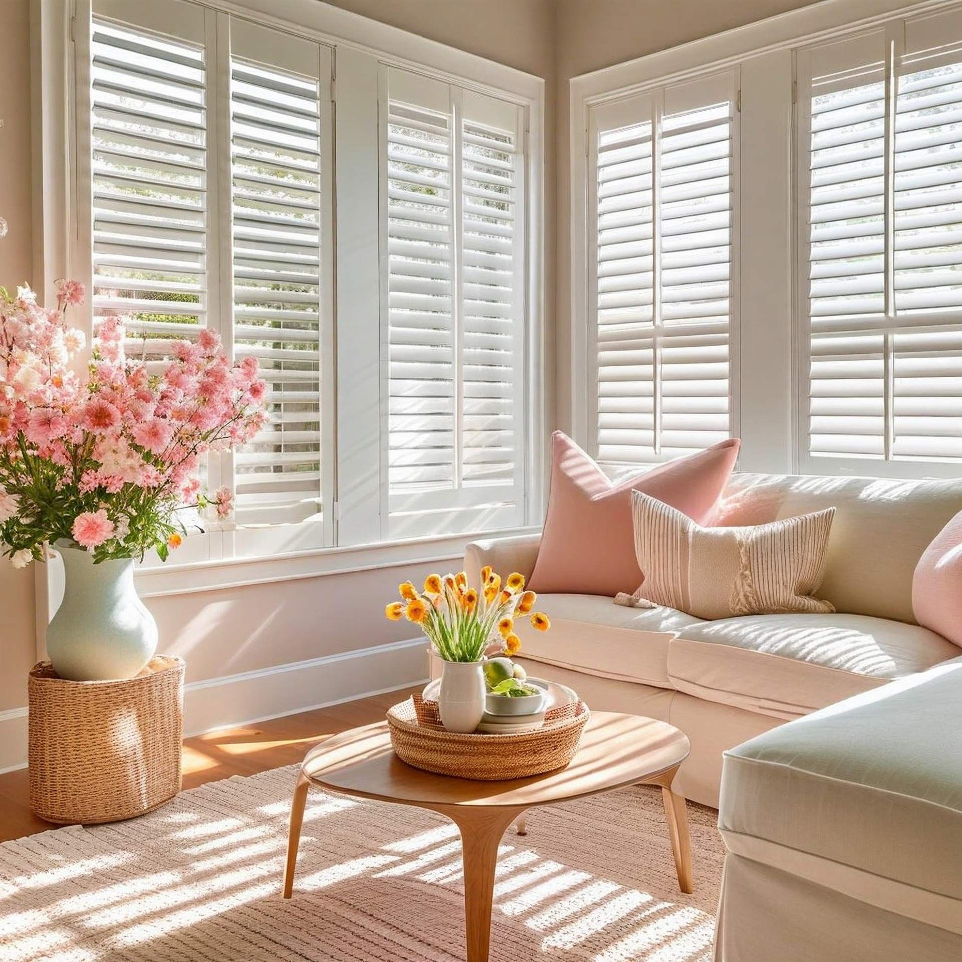 A living room with a couch , coffee table , and shutters on the windows.