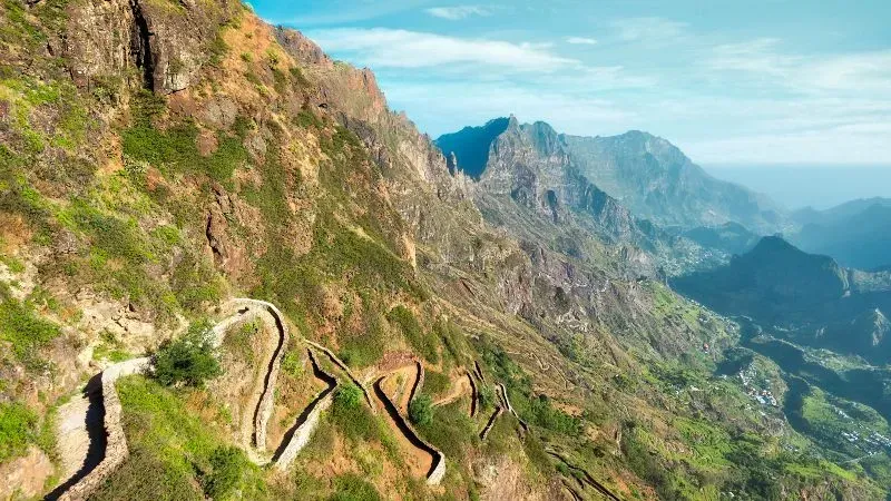 An aerial view of a winding road in the mountains.