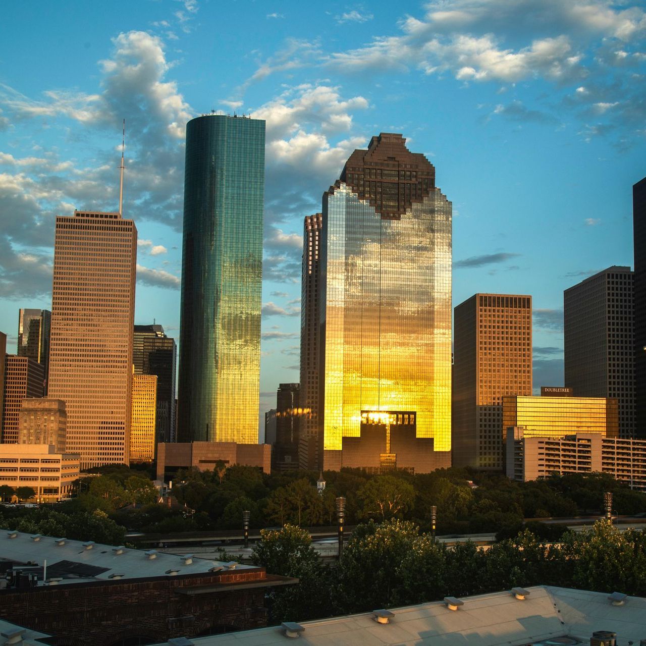 The sun is reflected in the windows of a tall building
