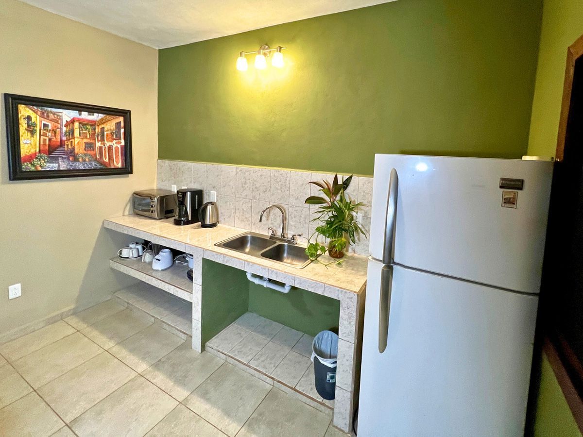 A kitchen with a sink , refrigerator and a picture on the wall.
