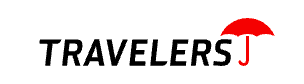 Travelers logo with black text and a red umbrella icon above the “J”
