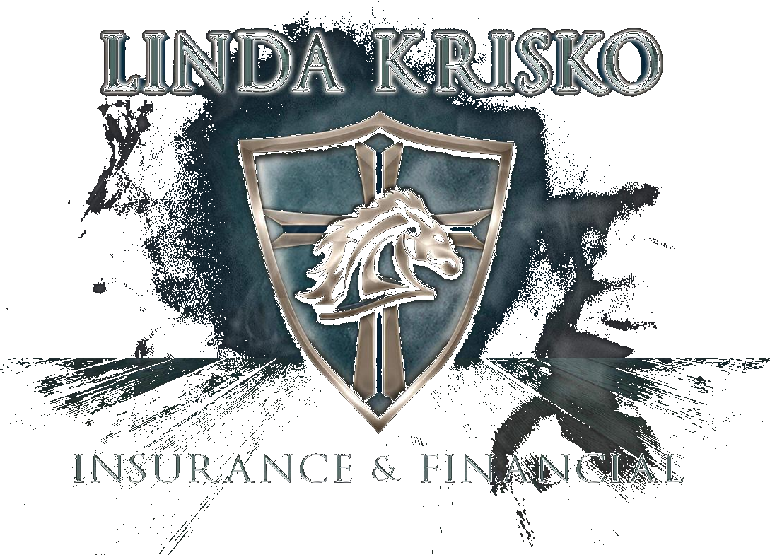Linda Krisko Insurance & Financial logo with shield emblem and black ink splash design