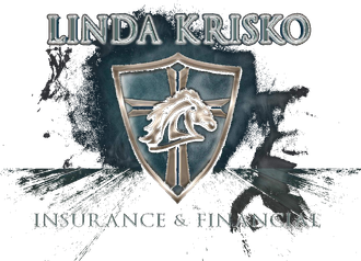 Linda Krisko Insurance & Financial logo with shield emblem and black ink splash design