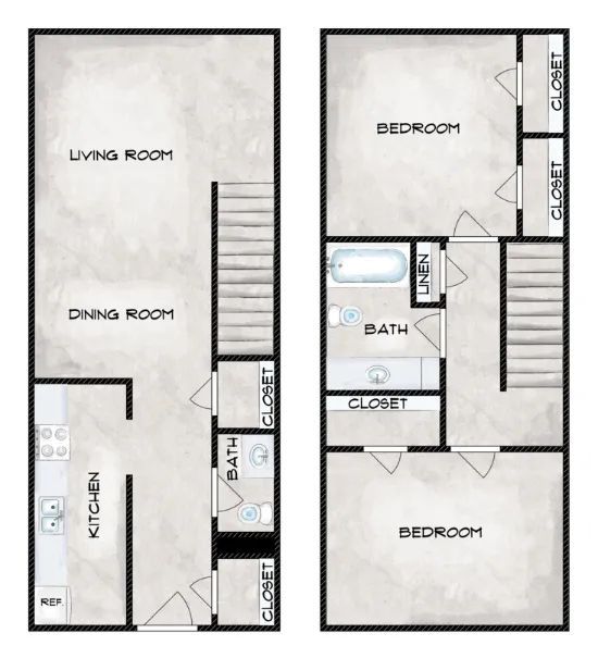 Two black-and-white floor plans of apartments, showing rooms, stairs, closets, bath, kitchen, dining, living, and bedrooms