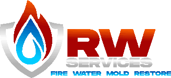 RW Restoration logo with blue and red water droplet icon and text “FIRE WATER MOLD RESTORE”