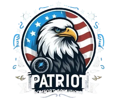 Logo for Patriot Comfort Solutions featuring a bald eagle in front of an American flag with a blue lightning bolt icon.