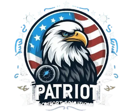 Logo for Patriot Comfort Solutions featuring a bald eagle in front of an American flag with a blue lightning bolt icon.