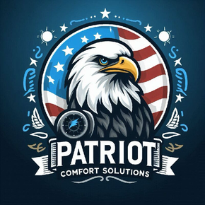 A logo for Patriot Comfort Solutions featuring a bald eagle, an American flag background, and a compass icon.