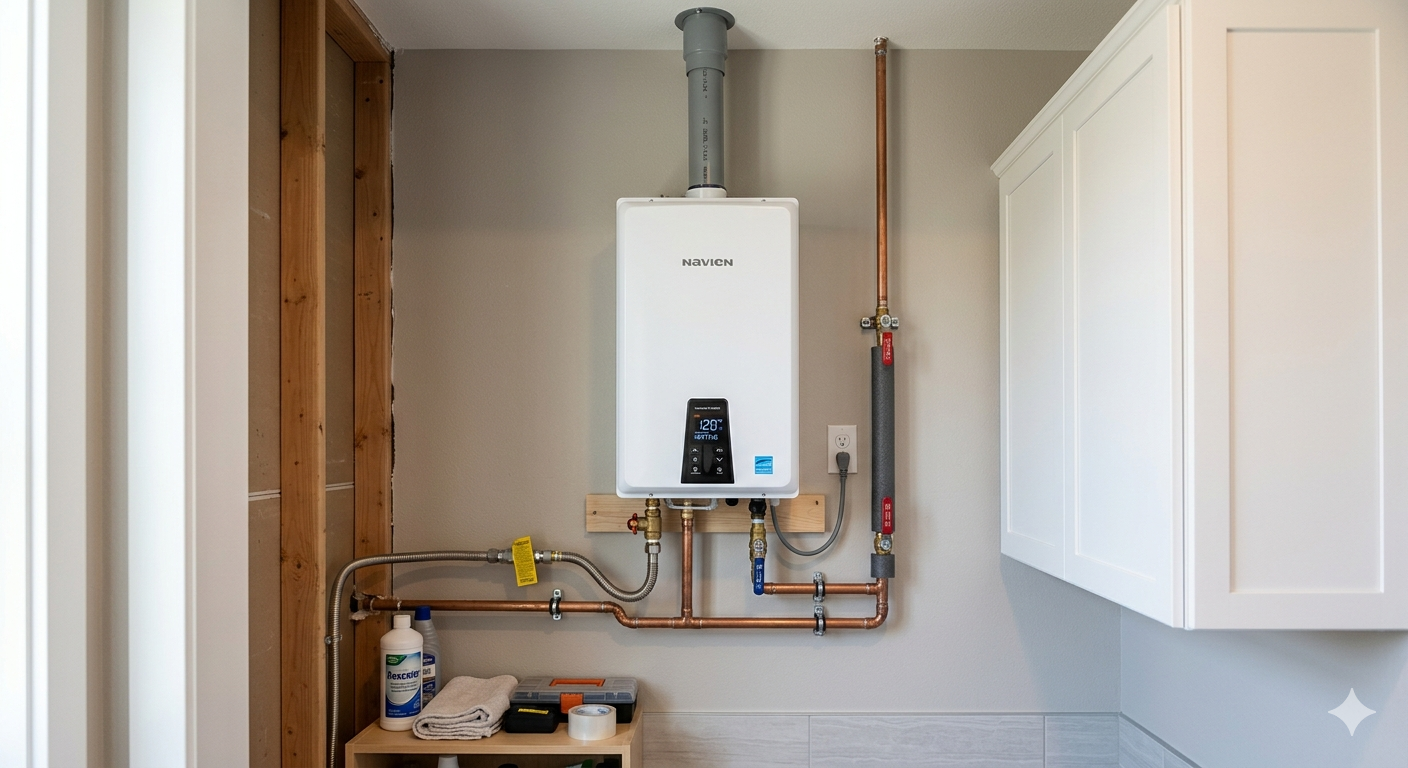 A white tankless water heater mounted on a wall with exposed copper plumbing, a gas valve, and adjacent white cabinetry.