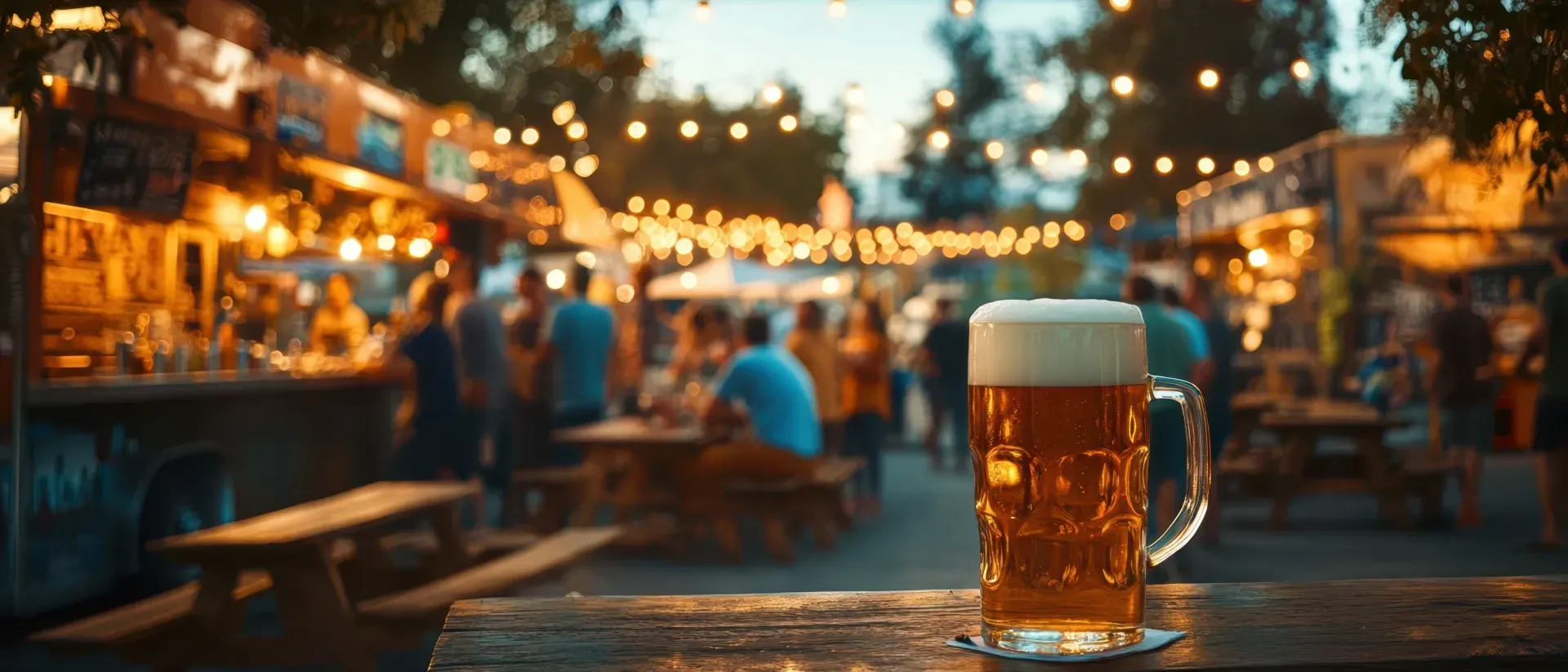 Mug of beer on a wooden table in front of a busy outdoor food market with string lights and people blurred in the background.