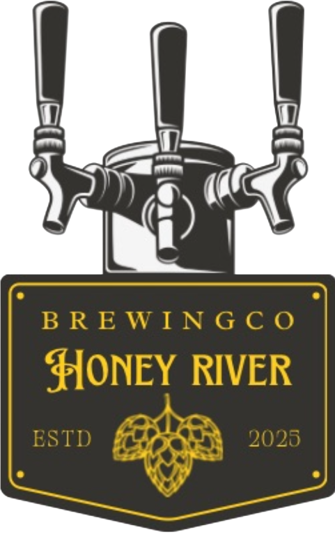 Logo for Honey River Brewing Co: beer taps over a black sign with gold text and hop design.