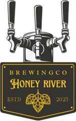 Logo for Honey River Brewing Co: beer taps over a black sign with gold text and hop design.